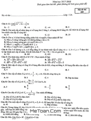 Đề kiểm tra giữa HK2 Toán 11 năm 2017 - 2018 trường THPT Nhân Chính - Hà Nội [Mã đề 209]