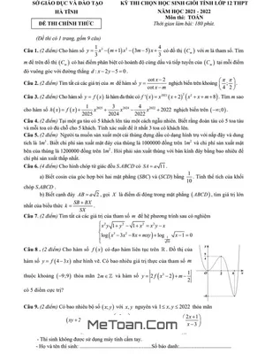 Đề thi chọn học sinh giỏi tỉnh Toán 12 năm 2021 - 2022 sở GD&ĐT Hà Tĩnh