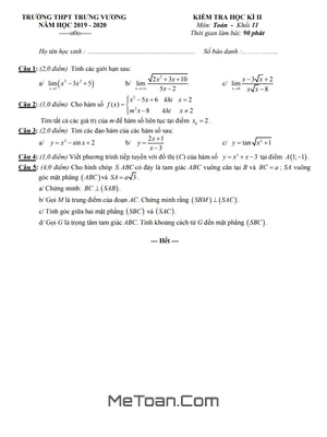 Đề thi học kì 2 Toán 11 năm 2019 - 2020 trường THPT Trưng Vương - TP.HCM