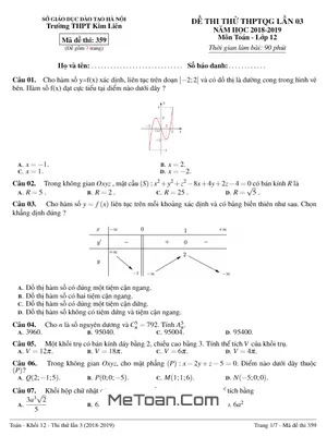 Đề thi thử Toán THPTQG 2019 lần 3 trường THPT Kim Liên – Hà Nội