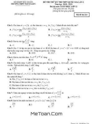 Đề thi thử THPT Quốc gia môn Toán năm 2018 - 2019 trường Ngô Sĩ Liên - Bắc Giang lần 1