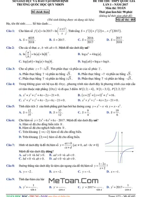 Đề Thi Thử THPT Quốc Gia 2017 Môn Toán Trường Quốc Học Quy Nhơn - Bình Định Lần 1