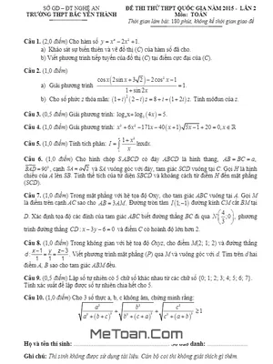 Đề thi thử THPT Quốc gia 2015 môn Toán trường THPT Bắc Yên Thành – Nghệ An lần 2