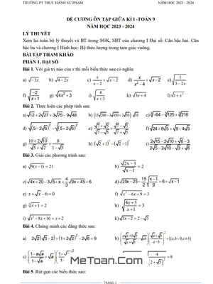 Đề Cương Ôn Tập Giữa Kỳ 1 Toán 9 Năm 2023-2024 Trường PT Thực Hành Sư Phạm - Đồng Nai