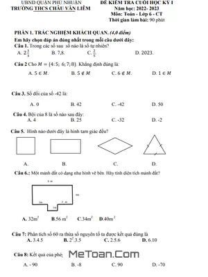 Đề thi học kì 1 Toán lớp 6 năm 2022 - 2023 trường THCS Châu Văn Liêm - TP HCM