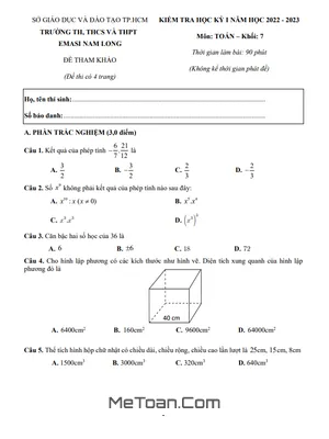 Đề Tham Khảo Học Kỳ 1 Toán 7 Năm 2022 - 2023 Trường EMASI Nam Long - TP.HCM