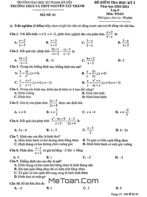 Đề thi HK1 Toán 8 năm 2020 - 2021 trường Nguyễn Tất Thành - Hà Nội