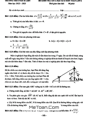 Đề Thi Giữa Kì 2 Toán 8 Năm 2022-2023 Trường THCS Ngô Sĩ Liên - Hà Nội