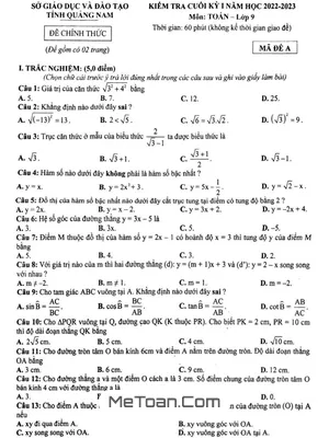 Đề kiểm tra cuối kỳ 1 Toán 9 năm 2022 - 2023 sở GD&ĐT Quảng Nam