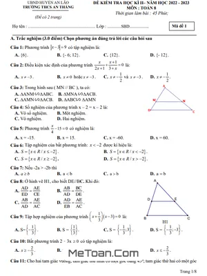 Đề thi học kì 2 Toán 8 năm 2022 - 2023 trường THCS An Thắng - Hải Phòng