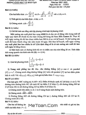 Đề khảo sát Toán 9 năm 2021 - 2022 phòng GD&ĐT Hai Bà Trưng - Hà Nội