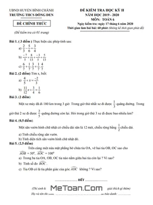 Đề thi học kì 2 Toán lớp 6 năm 2019 - 2020 trường THCS Đồng Đen - TP.HCM