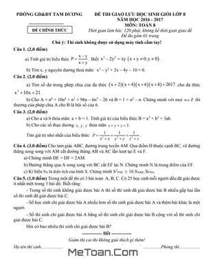 Đề Giao Lưu HSG Toán 8 Năm 2016 - 2017 Phòng GD&ĐT Tam Dương - Vĩnh Phúc