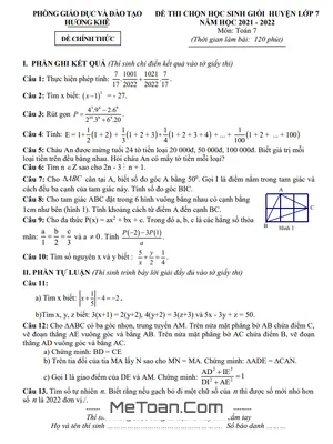 Đề thi học sinh giỏi Toán 7 năm 2021 - 2022 phòng GD&ĐT Hương Khê, Hà Tĩnh
