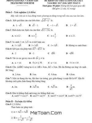 Đề khảo sát chất lượng giữa kỳ 1 Toán 9 năm 2017-2018 phòng GD&ĐT Ninh Bình (có đáp án)