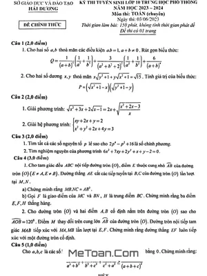 Đề thi tuyển sinh lớp 10 môn Toán (chuyên) năm 2023 - 2024 Sở GD&ĐT Hải Dương