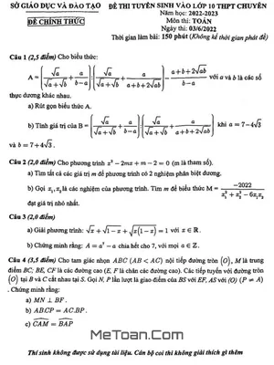 Đề thi tuyển sinh vào lớp 10 chuyên Toán Sở GD&ĐT Bình Dương năm 2022 - 2023