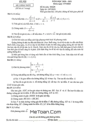 Đề thi tuyển sinh lớp 10 môn Toán năm 2020 - 2021 Sở GD&ĐT Hà Nội