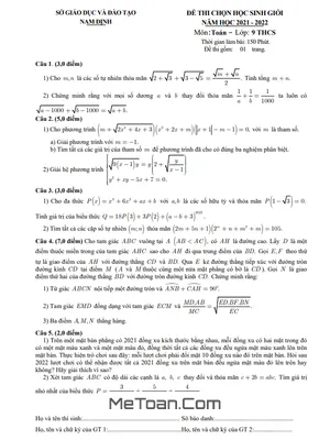 Đề thi chọn học sinh giỏi Toán 9 năm 2021 - 2022 sở GD&ĐT Nam Định