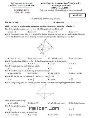 Đề giữa học kỳ 1 Toán 11 năm 2024 - 2025 trường THPT Nguyễn Du - Nam Định