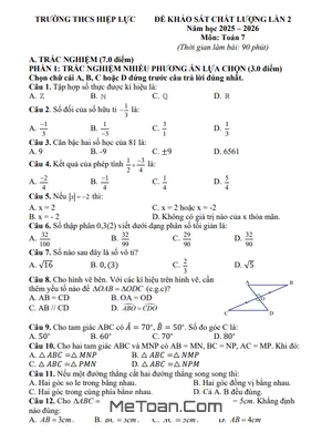 Đề Khảo Sát Toán 7 Lần 2 Năm 2025 – 2026 Trường THCS Hiệp Lực – Hải Phòng