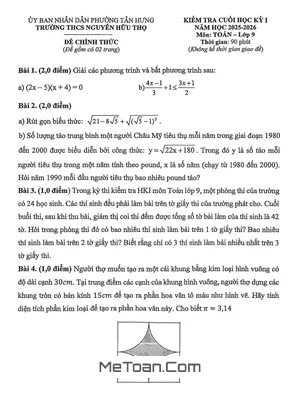 Đề Thi Cuối Học Kỳ 1 Toán 9 Năm 2025 - 2026 Trường THCS Nguyễn Hữu Thọ