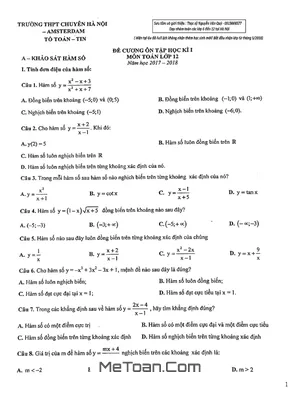 Đề Cương Ôn Tập HK1 Toán 12 Năm 2017 - 2018 Trường THPT Chuyên Hà Nội - Amsterdam
