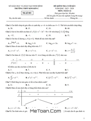 Đề thi học kì 1 Toán 12 năm 2023 - 2024 trường THPT Kim Sơn C - Ninh Bình