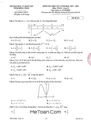 Đề thi HK1 Toán 12 năm học 2019 - 2020 sở GD&ĐT Đồng Tháp