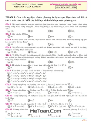 Đề Minh Họa Toán 10 Giữa Kì 2 Năm 2023 - 2024 Trường THPT Thăng Long - TP. HCM