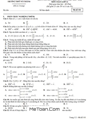 Đề thi giữa kỳ 1 Toán 11 năm 2021 - 2022 trường THPT Núi Thành - Quảng Nam (có đáp án)