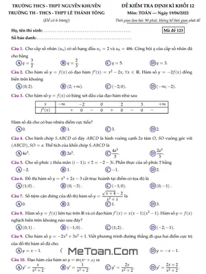 Đề kiểm tra Toán 12 năm 2022 trường Nguyễn Khuyến & Lê Thánh Tông – TP HCM
