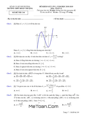 Đề khảo sát Toán 12 lần 1 năm 2018 - 2019 trường THPT Đoàn Thượng - Hải Dương