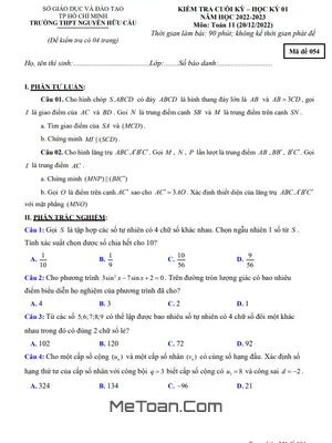 Đề thi học kỳ 1 Toán 11 năm 2022 - 2023 trường THPT Nguyễn Hữu Cầu - TP.HCM (Có đáp án)