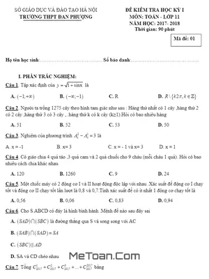 Đề kiểm tra học kỳ 1 Toán 11 năm học 2017 - 2018 trường THPT Đan Phượng - Hà Nội (có lời giải)