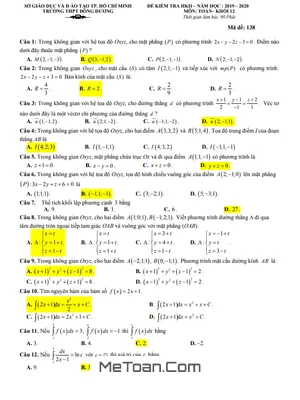 Đề thi học kì 2 Toán 12 năm 2019-2020 trường THPT Đông Dương - TP.HCM (Có đáp án)