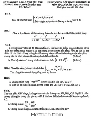 Đề chọn đội tuyển HSG Toán 10 năm 2021 - 2022 trường THPT chuyên Bến Tre