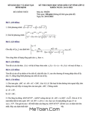 Đề thi chọn HSG tỉnh Toán 12 năm 2021 - 2022 sở GD&ĐT Bình Định