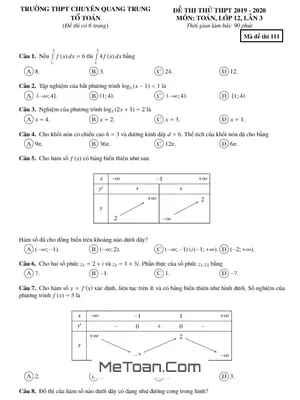 Đề thi thử THPT 2020 môn Toán lần 3 trường chuyên Quang Trung – Bình Phước