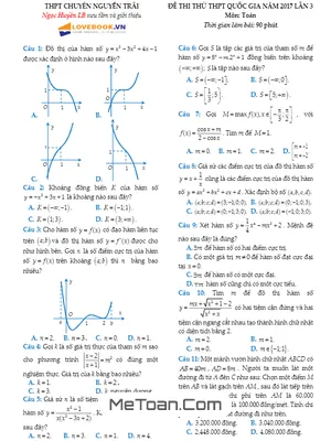 Đề thi thử THPT Quốc gia 2017 môn Toán trường THPT chuyên Nguyễn Trãi – Hải Dương [Lần 3] có đáp án