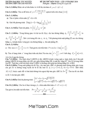 Đề thi thử Quốc gia 2016 môn Toán trường THPT Cao Nguyên - Tây Nguyên lần 3