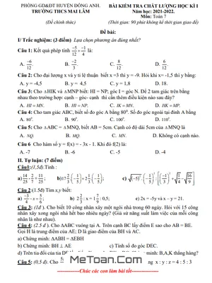 Đề thi học kì 1 Toán lớp 7 năm 2021 - 2022 trường THCS Mai Lâm - Hà Nội