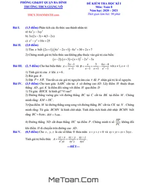 Đề thi học kì 1 Toán 8 năm 2020 - 2021 trường THCS Giảng Võ - Hà Nội
