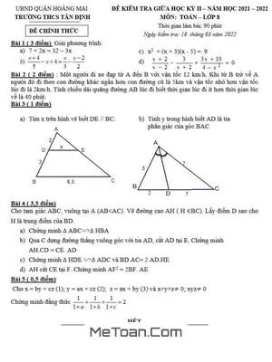 Đề thi giữa kì 2 Toán 8 năm 2021 - 2022 trường THCS Tân Định - Hà Nội