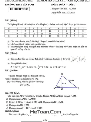 Đề thi giữa kì 2 Toán 7 năm 2021 - 2022 trường THCS Tân Định - Hà Nội