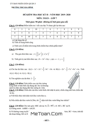 Đề thi HK2 Toán 7 năm 2019 - 2020 trường THCS Ba Đình - TP.HCM (có đáp án)
