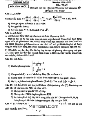 Đề khảo sát chất lượng Toán 9 năm 2021 - 2022 phòng GD&ĐT Hà Đông - Hà Nội
