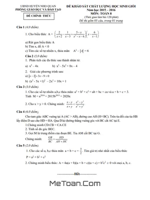 Đề thi học sinh giỏi huyện môn Toán lớp 8 năm học 2015 - 2016 phòng GD&ĐT Nho Quan - Ninh Bình