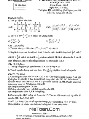 Đề thi học sinh giỏi huyện Toán 7 năm 2021 - 2022 phòng GD&ĐT Thọ Xuân - Thanh Hóa