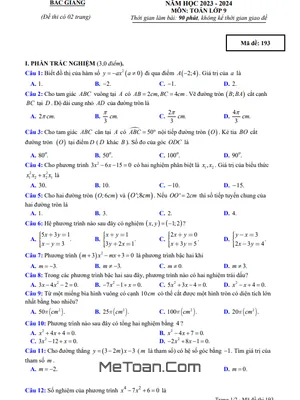 Đề thi Toán 9 học kì 2 năm 2023 - 2024 sở GD&ĐT Bắc Giang (có đáp án)